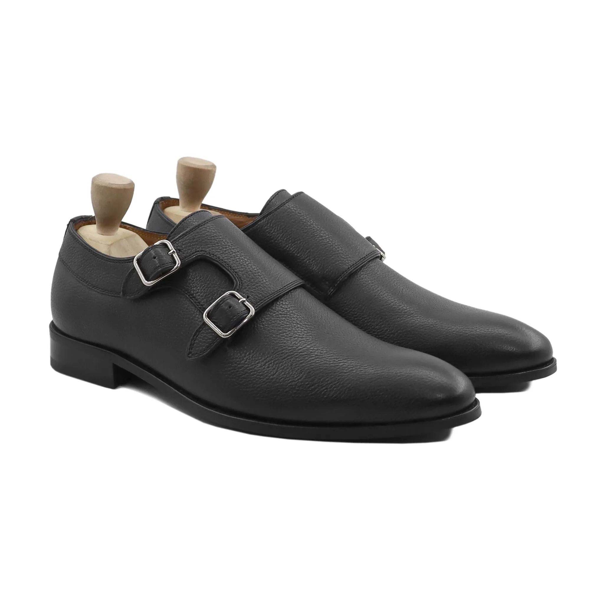 Akranes - Men's Black Pebble Grain Leather Double Monkstrap