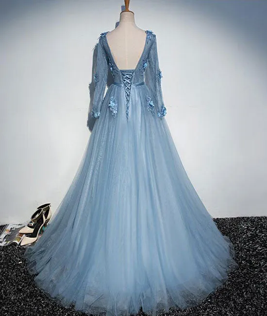 Blue v neck tulle lace long prom dress, tulle evening dress