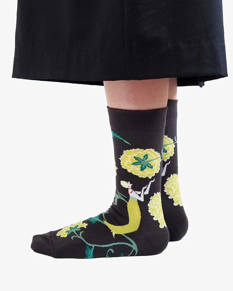 Debby Co., Crew Socks, Andé Collection, Black with Lime Girl and Flowers