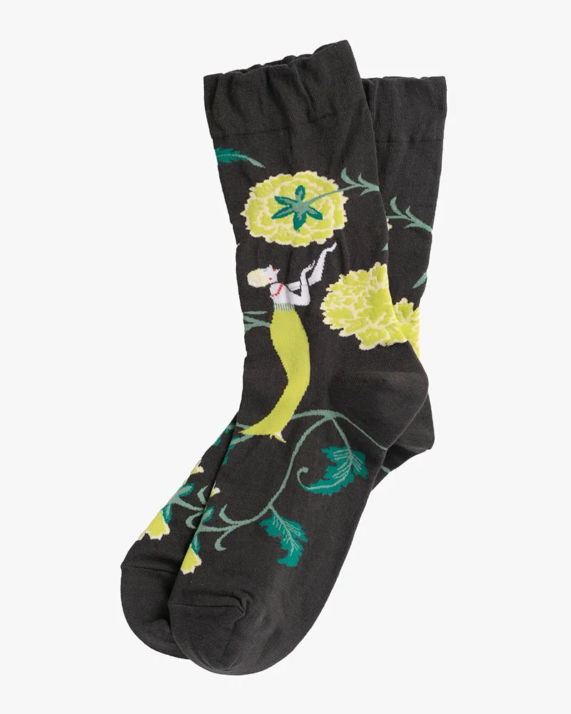 Debby Co., Crew Socks, Andé Collection, Black with Lime Girl and Flowers