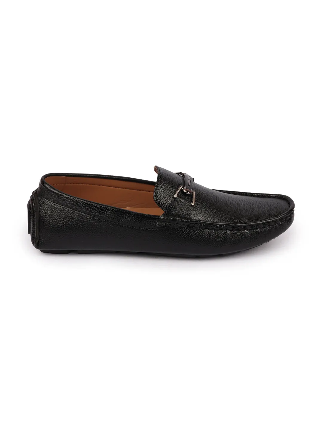 Men Black Casual Slip On Textured Stitched Design Driving Loafer and Moccasin Shoes