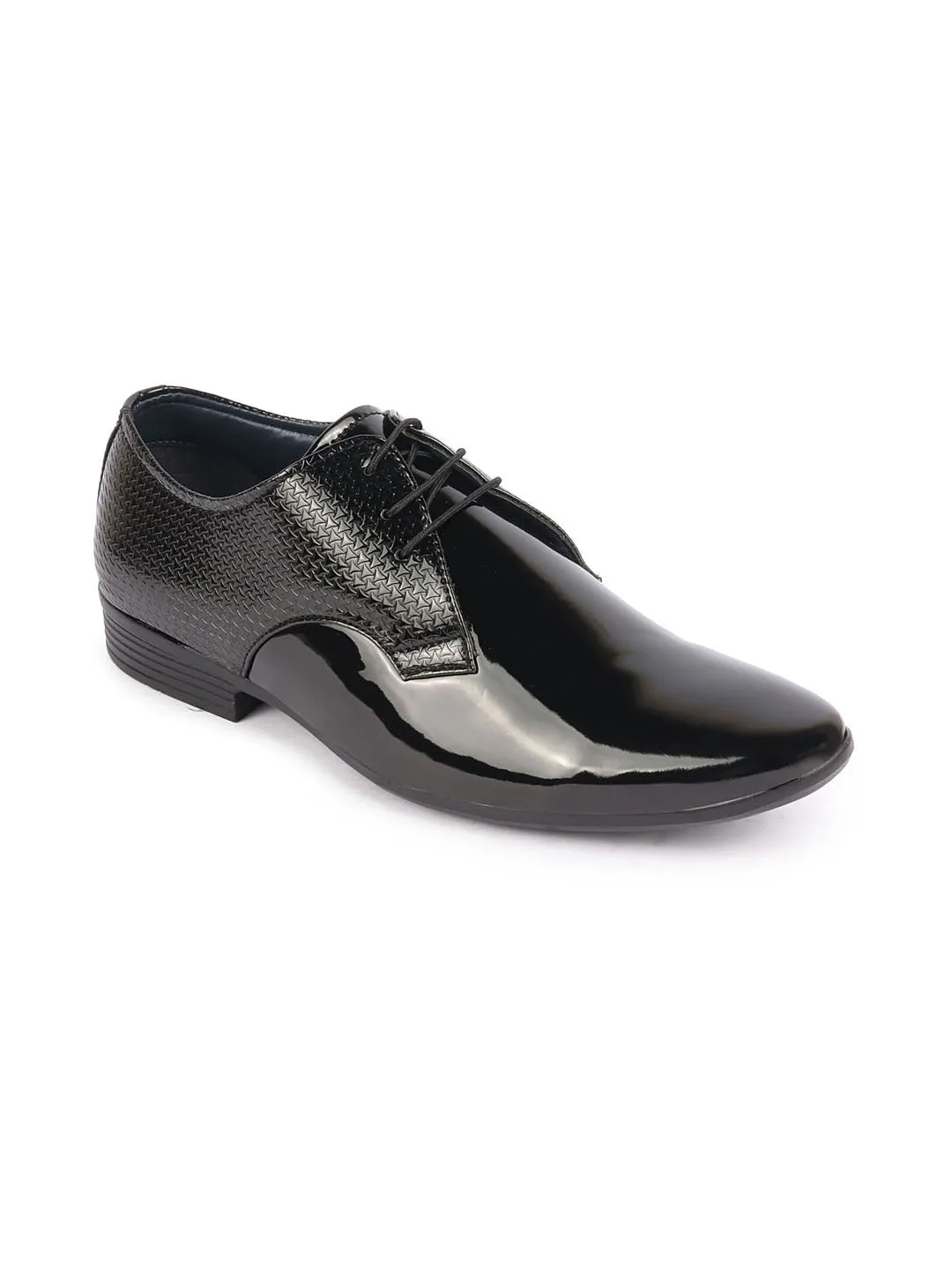 Men Black Patent Leather Shine Textured Print Pointed Toe Party Wedding Lace Up Derby Shoes