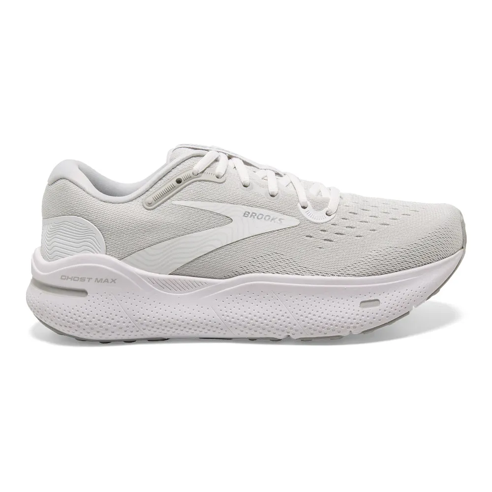 Men's Brooks Ghost Max, White/Oyster/Metallic Silver, 7 2E Wide