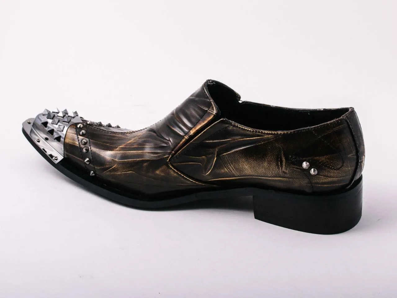 New Men's Brown Fiesso Pointed Metal Toe Slip on Shoes with Spikes Studs FI 6844