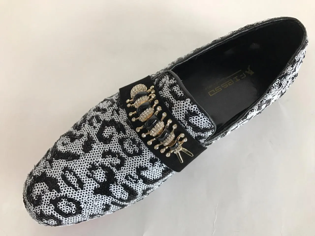 New Men's Fiesso Black White Slip On Fashion Sequins Entertainer Shoes FI 7025