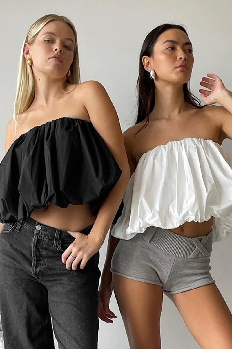 Plain Strapless Balloon Tube Crop Top