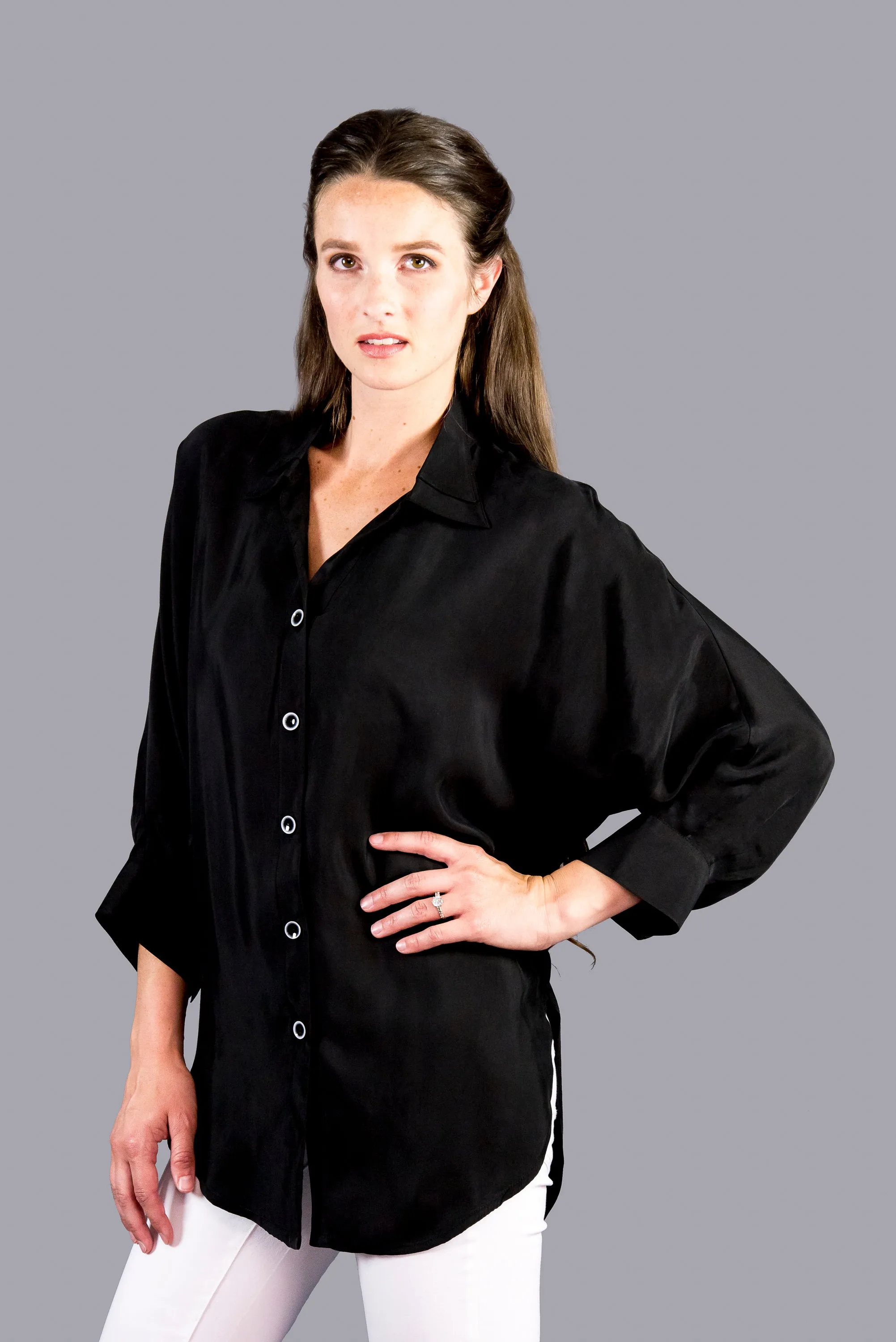 SF160 - Silk By Fridaze - Boyfriend Shirt with Flip Collar