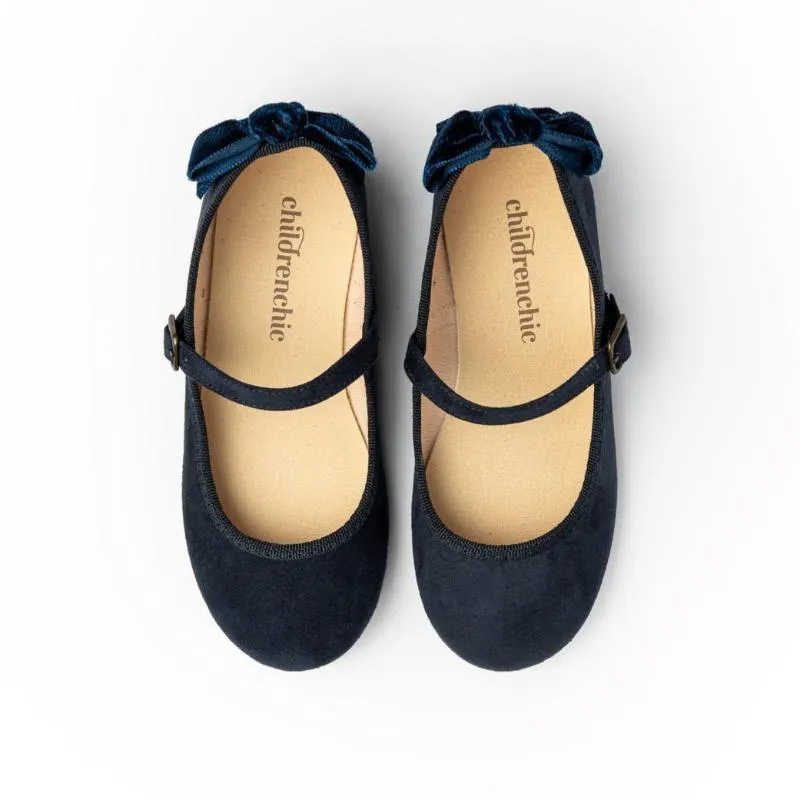 Suede Mary Janes with Velvet Bow in Navy